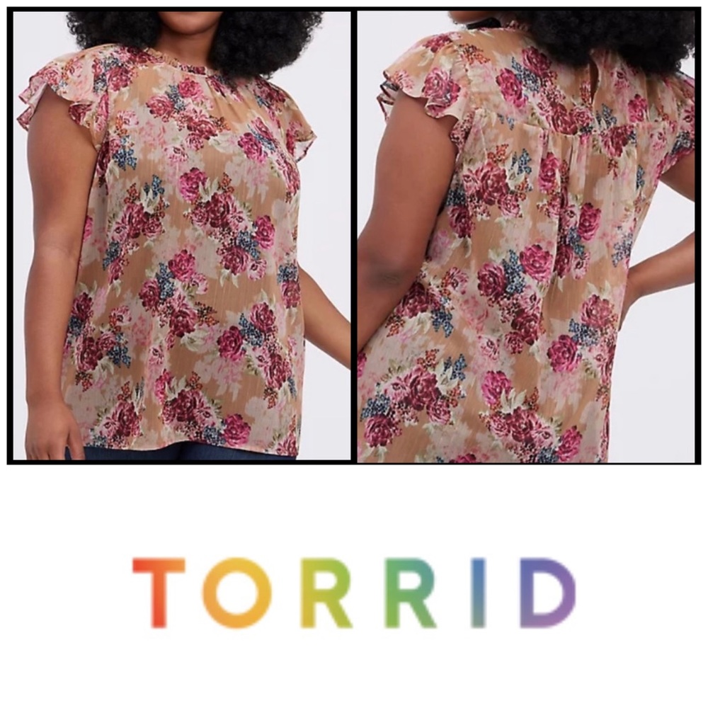 Torrid Tan/Floral Chiffon Ruffle Mock Neck Top NWT Size 3X